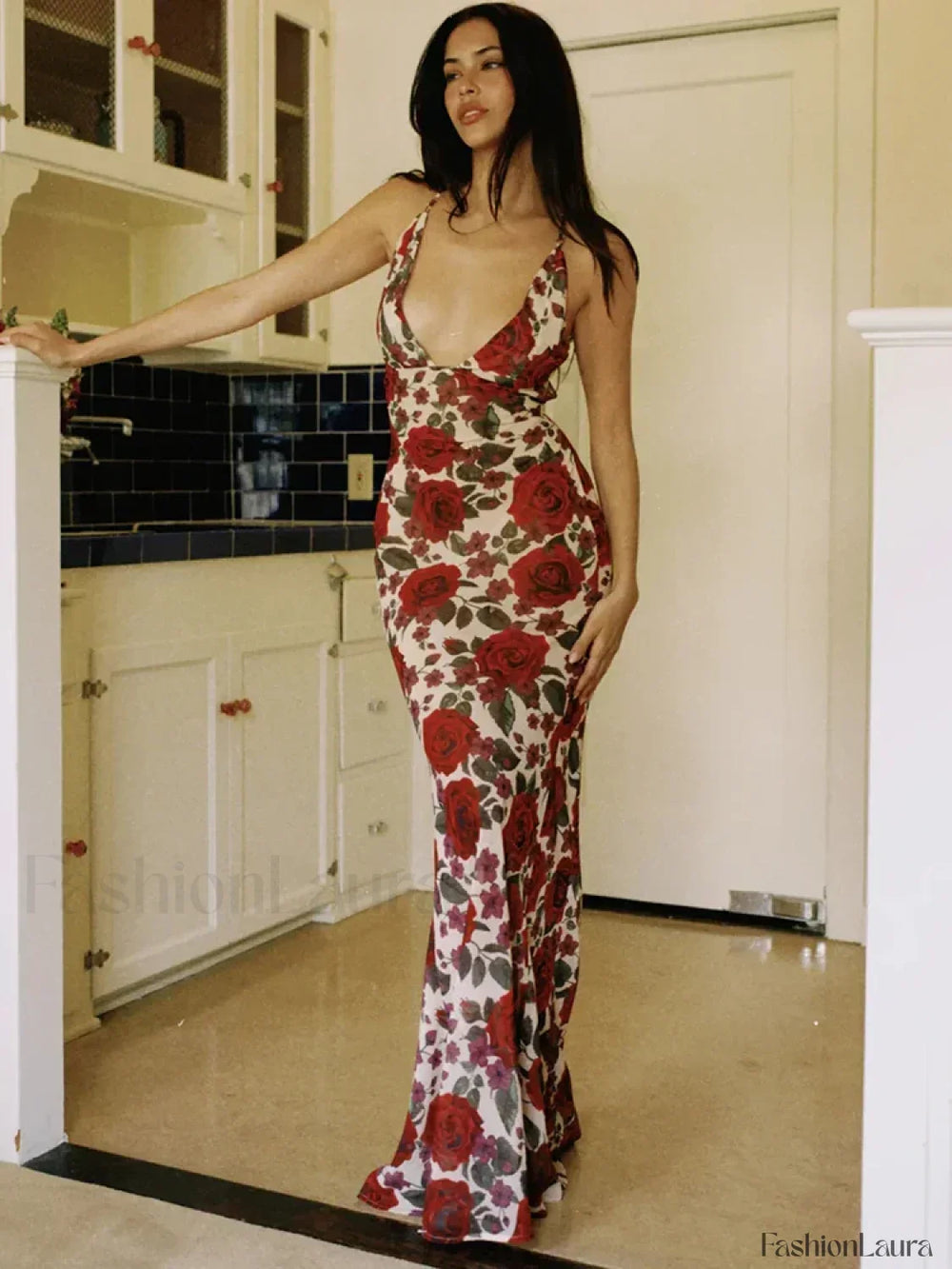 Printed Lace Up Maxi Dress Red / L