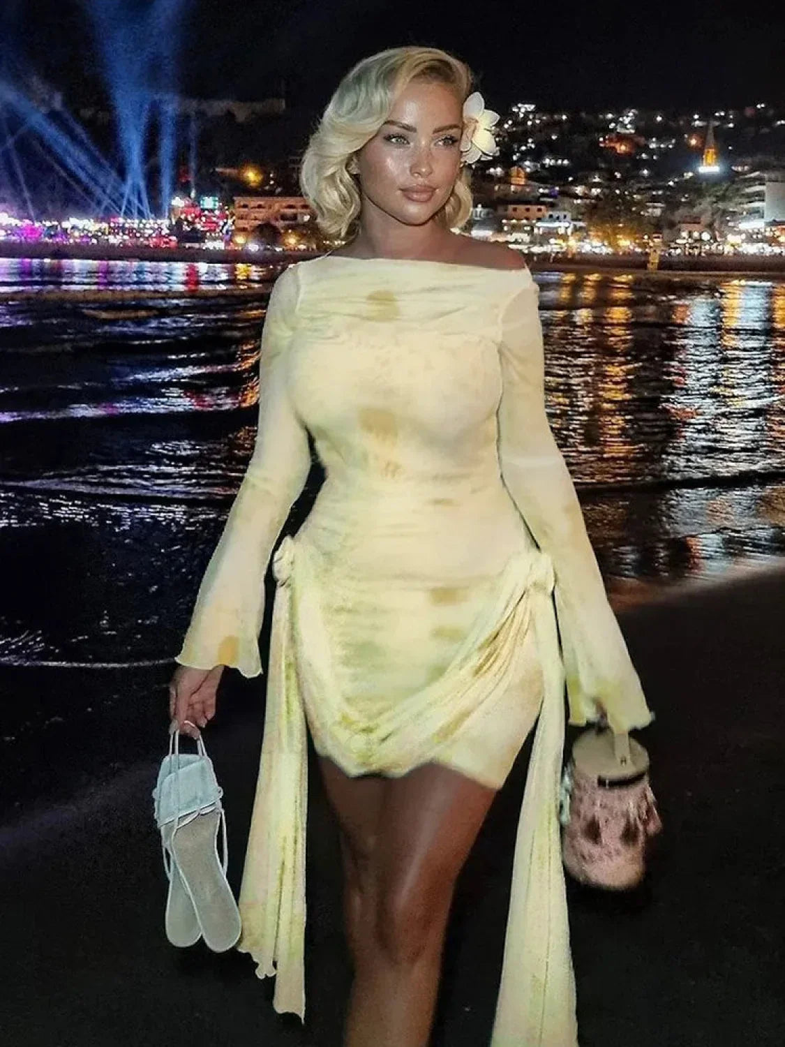 Printed Long Sleeve A Line Mini Dress