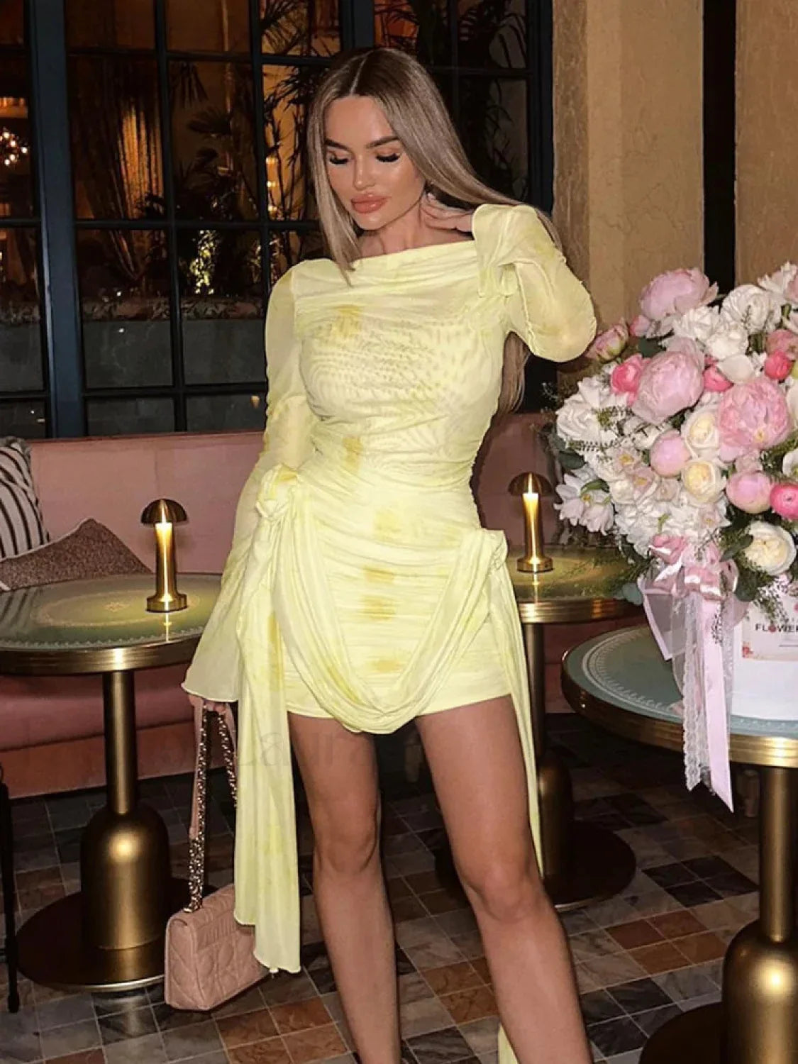 Printed Long Sleeve A Line Mini Dress Yellow / S