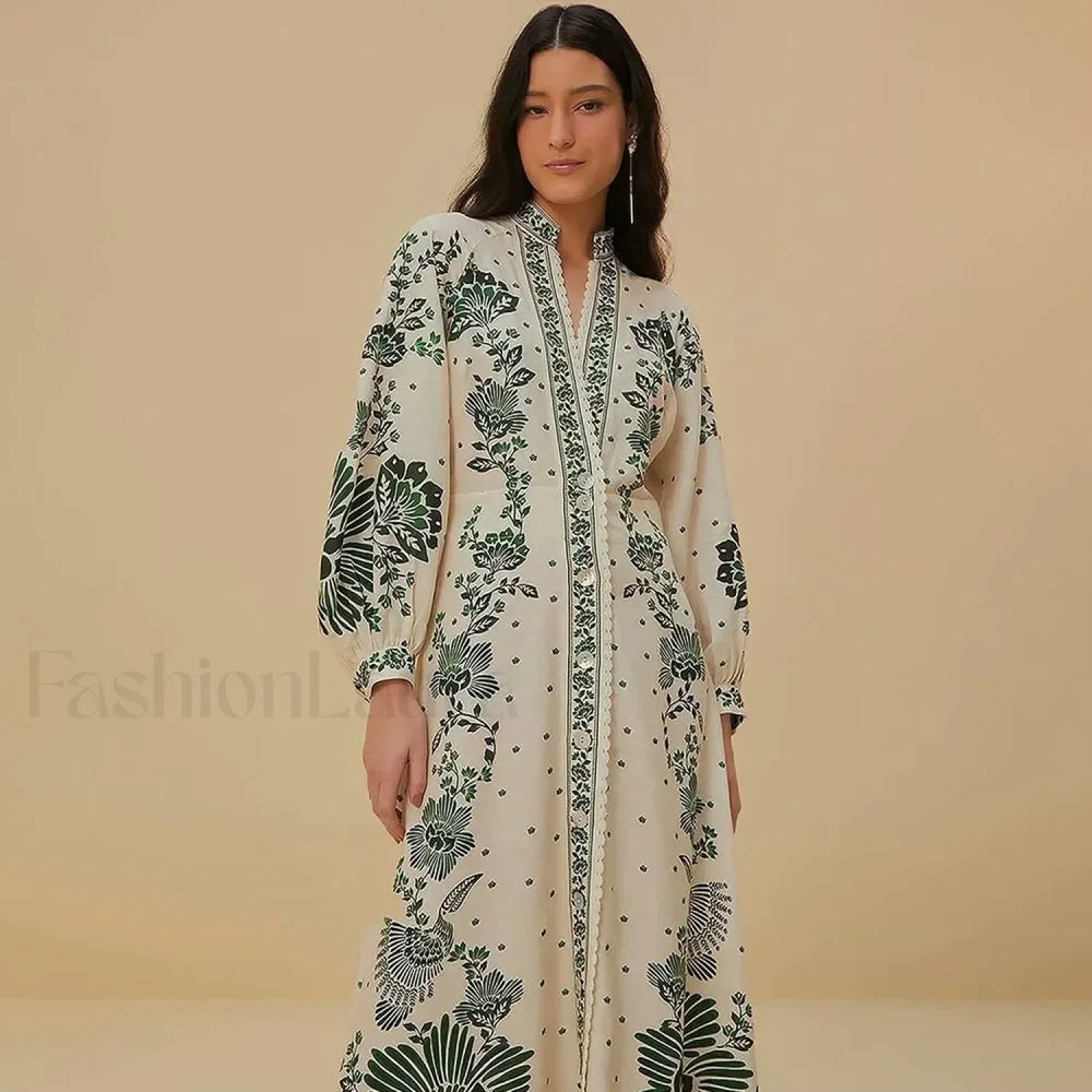 Printed Long Sleeve Boho Dress green / S