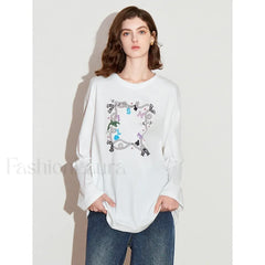 Printed Round Neck Cotton Long T Shirt Beige / S