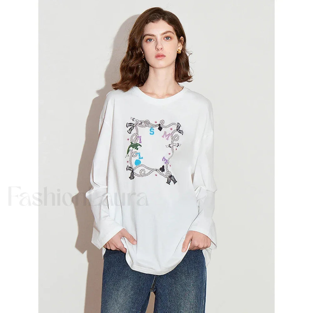 Printed Round Neck Cotton Long T Shirt Beige / S