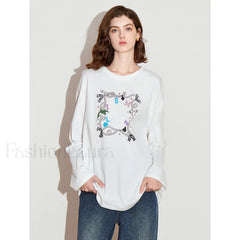 Printed Round Neck Cotton Long T Shirt Beige / S