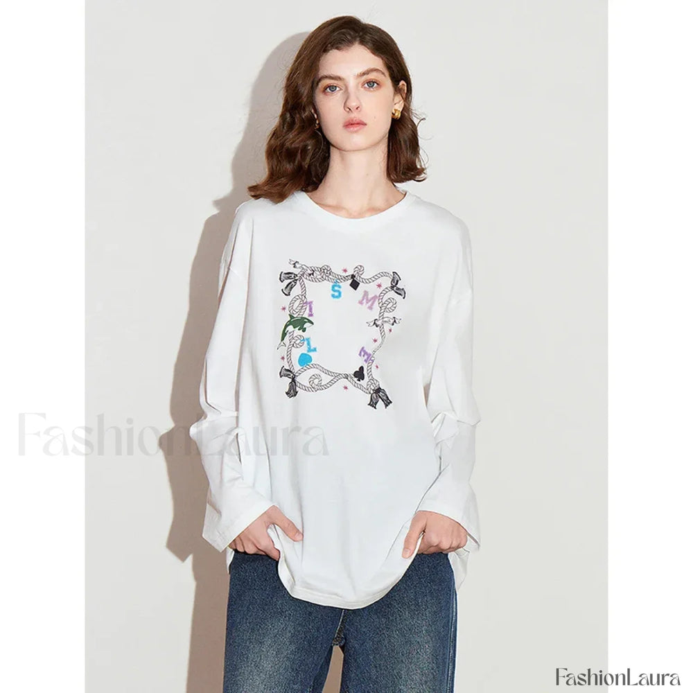 Printed Round Neck Cotton Long T Shirt Beige / S