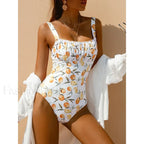 Printed Silvery Square Collar One Piece WHITE / S