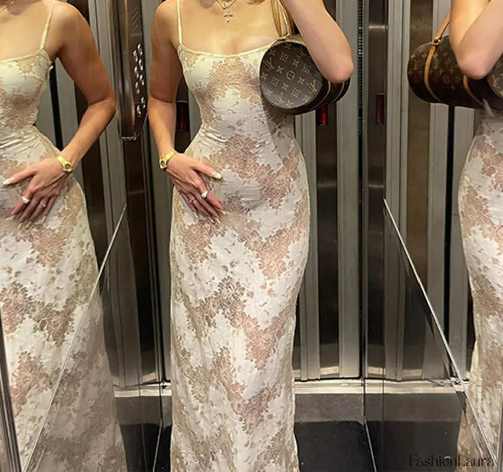 Printed Spaghetti Backless Maxi Dress