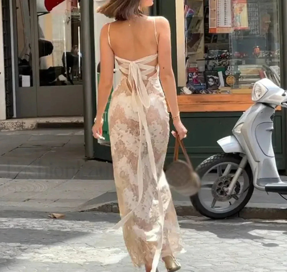 Printed Spaghetti Backless Maxi Dress APRICOT / S