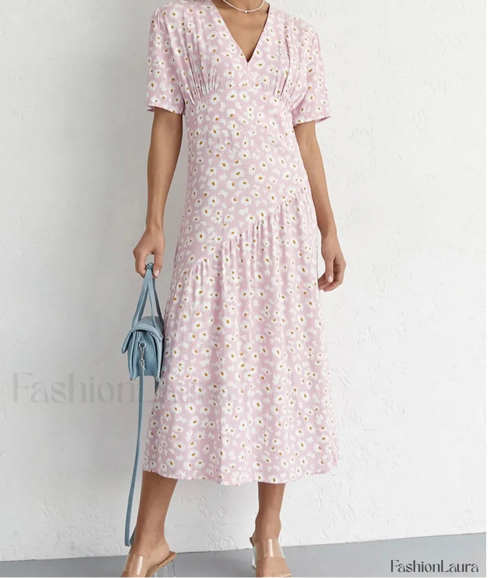 Printed V Neck Midi Dress Pink / S