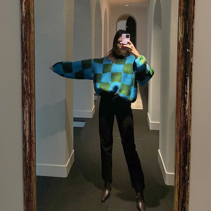 JuliaFashion-Winter Knitted Green Checkered Loose Sweaters