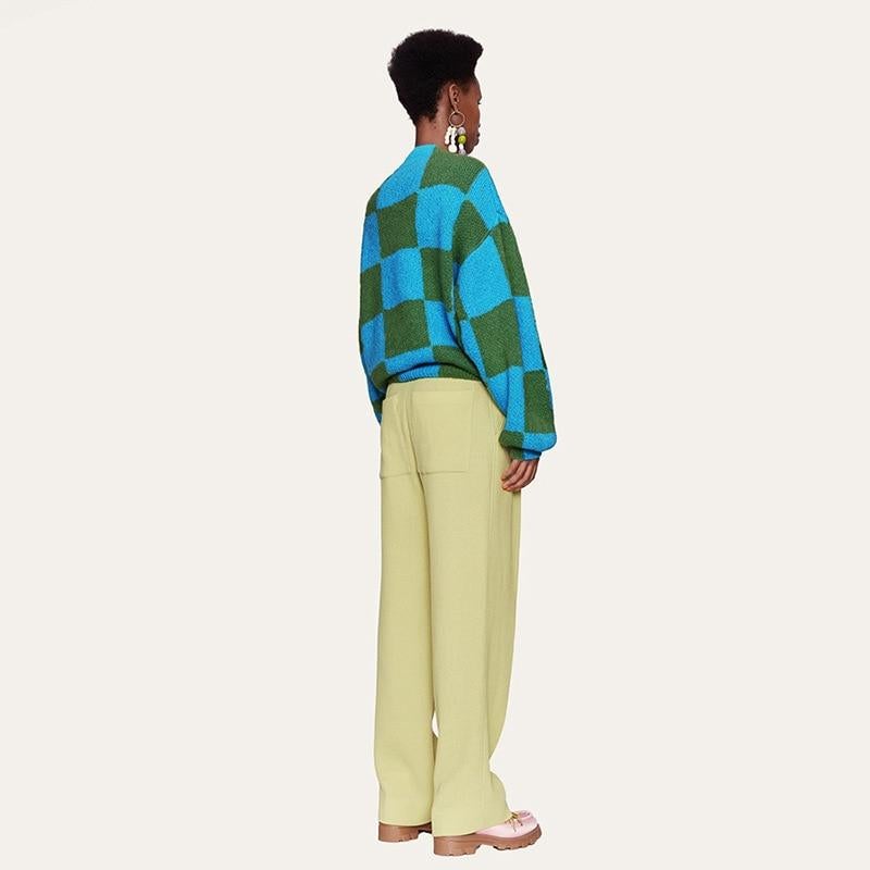 JuliaFashion-Winter Knitted Green Checkered Loose Sweaters