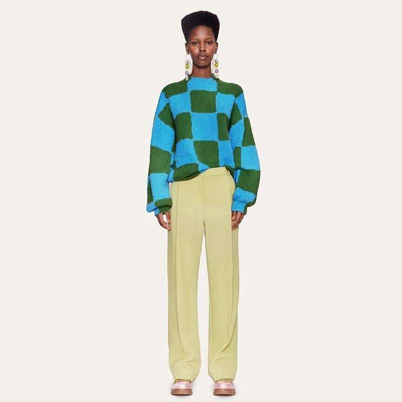 JuliaFashion-Winter Knitted Green Checkered Loose Sweaters