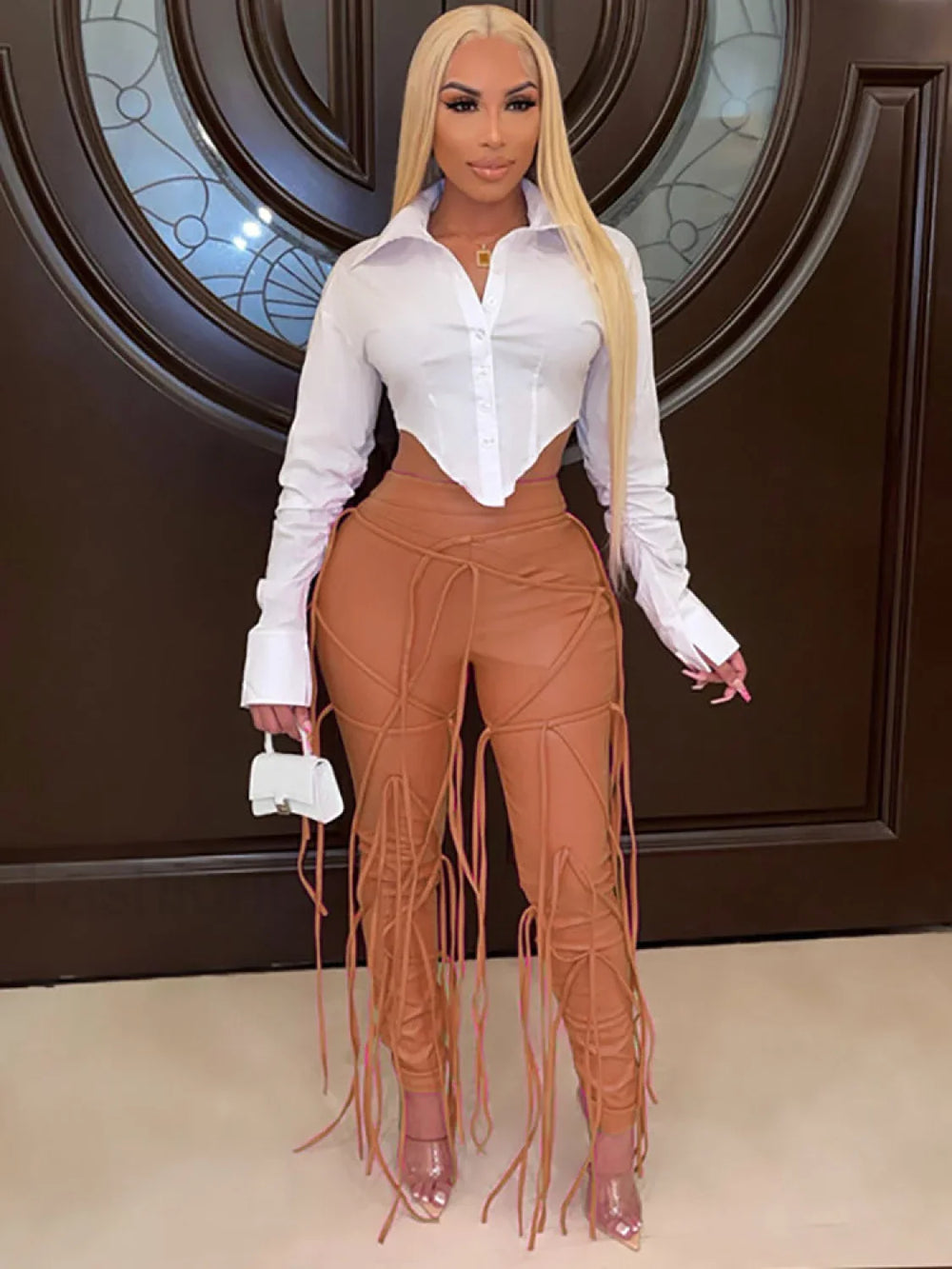 PU Strap High Waist Skinny Pants Khaki / M Pants