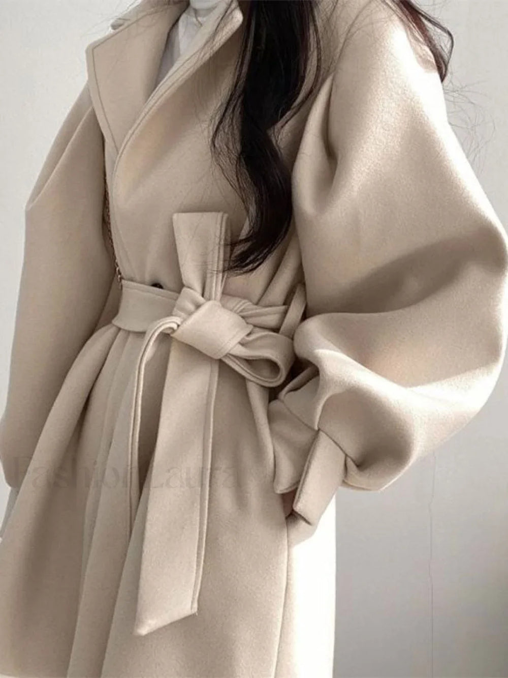 Puff Sleeve Belted Woolen Coat Coat