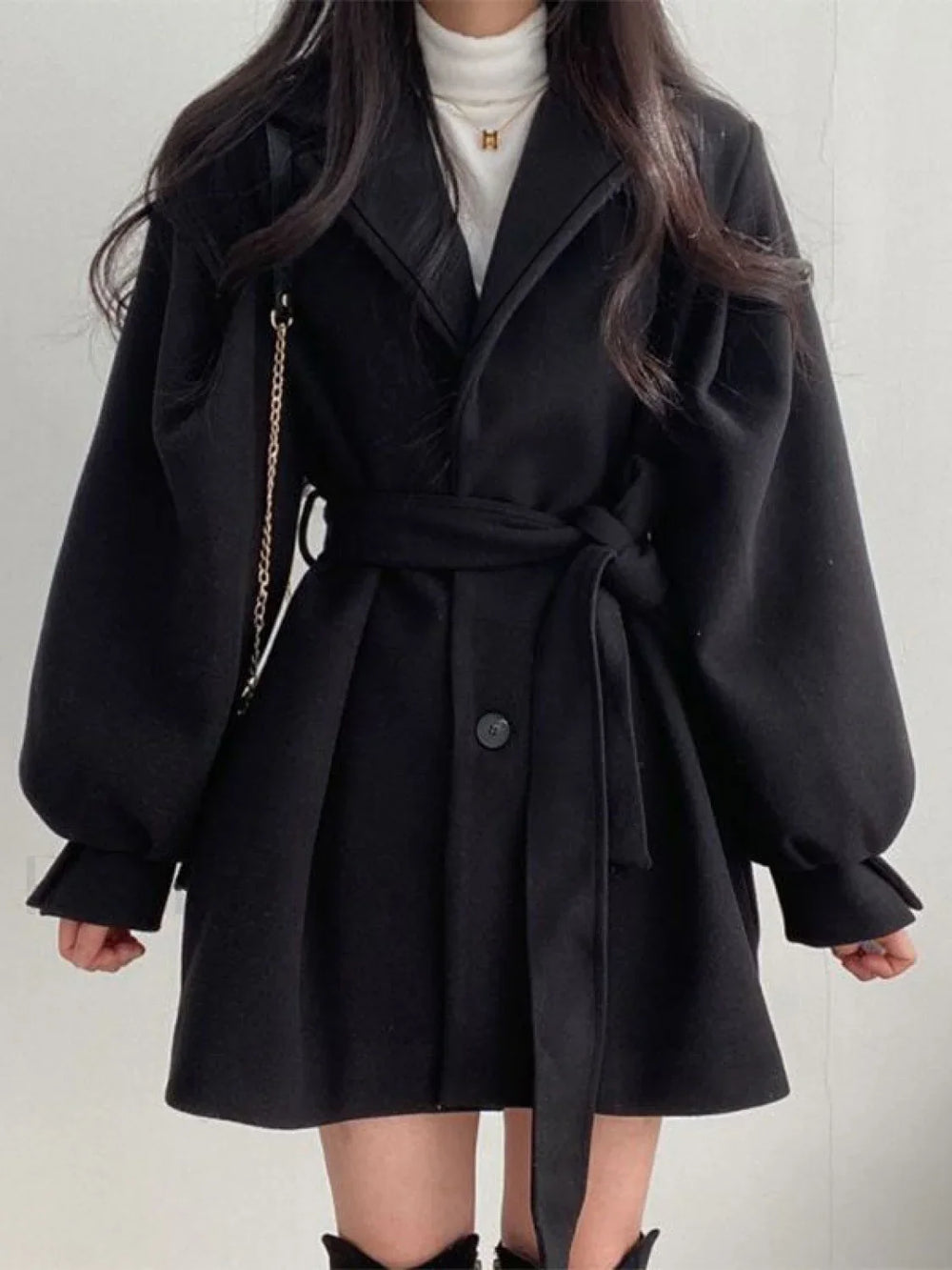 Puff Sleeve Belted Woolen Coat Coat