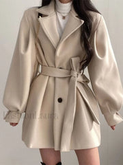 Puff Sleeve Belted Woolen Coat Apricot / S Coat