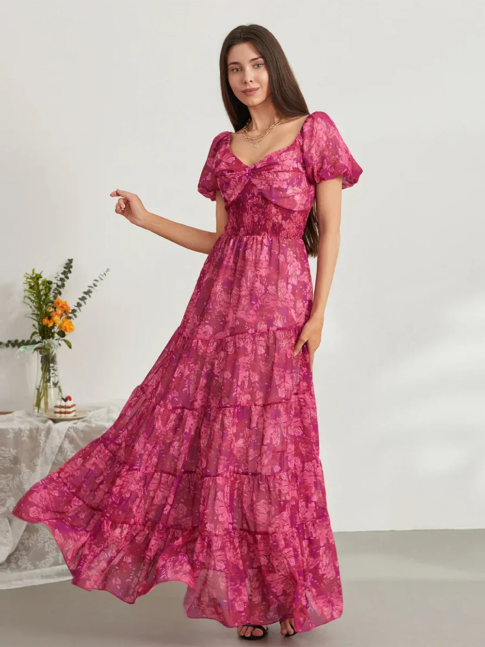 Puff Sleeve Floral Flowy Maxi Dress