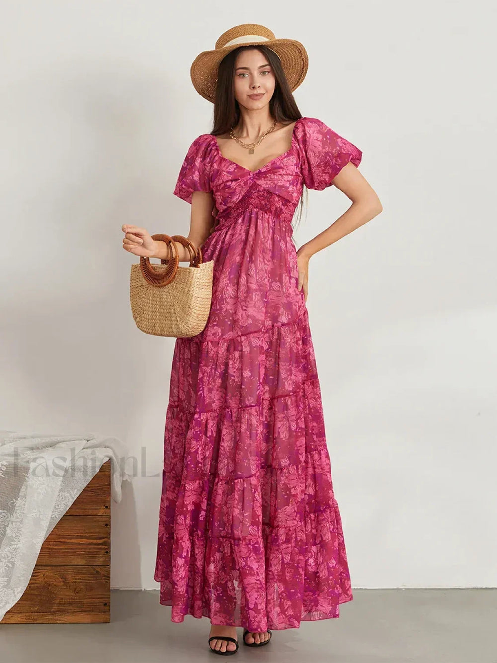 Puff Sleeve Floral Flowy Maxi Dress