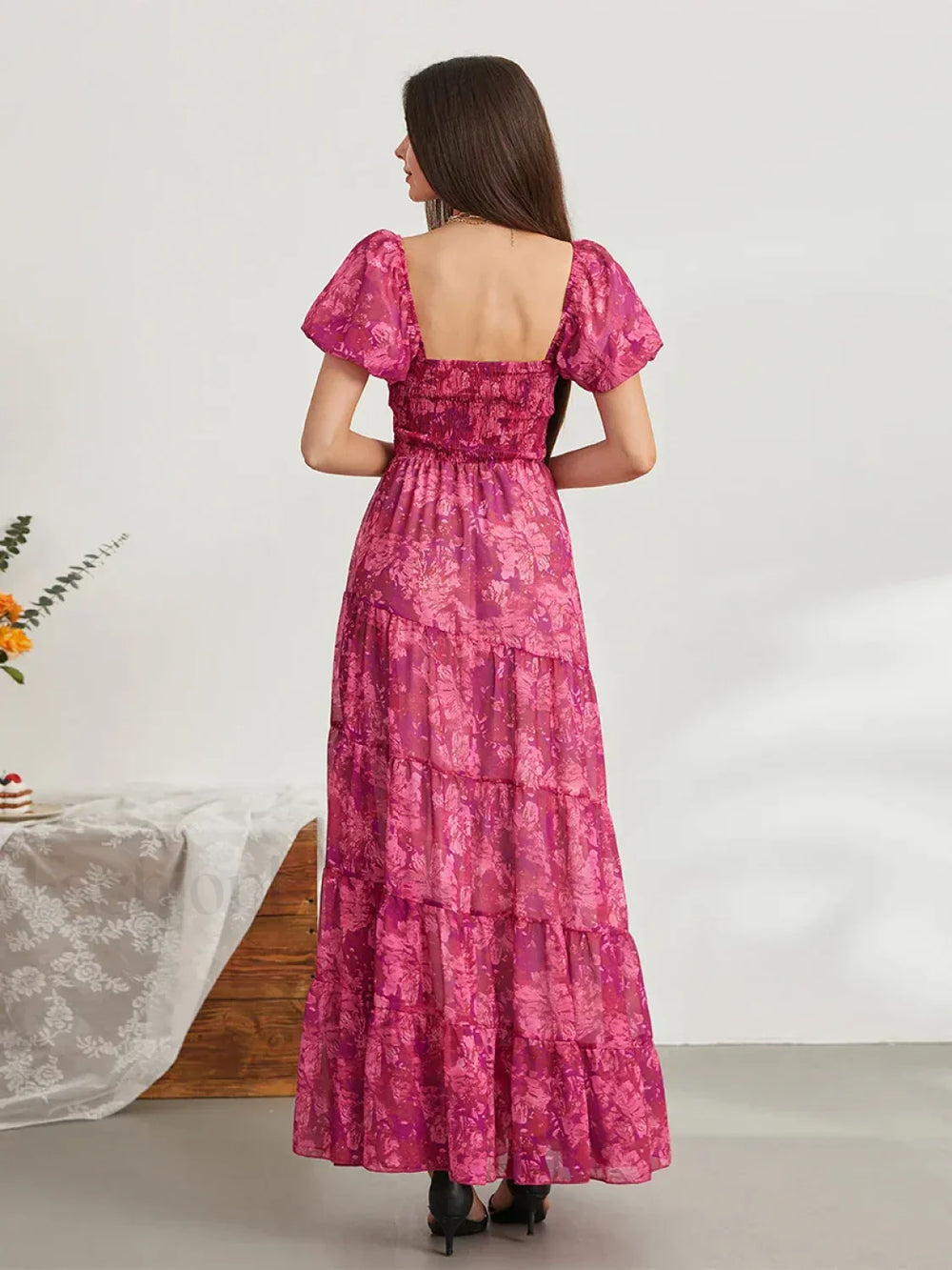 Puff Sleeve Floral Flowy Maxi Dress