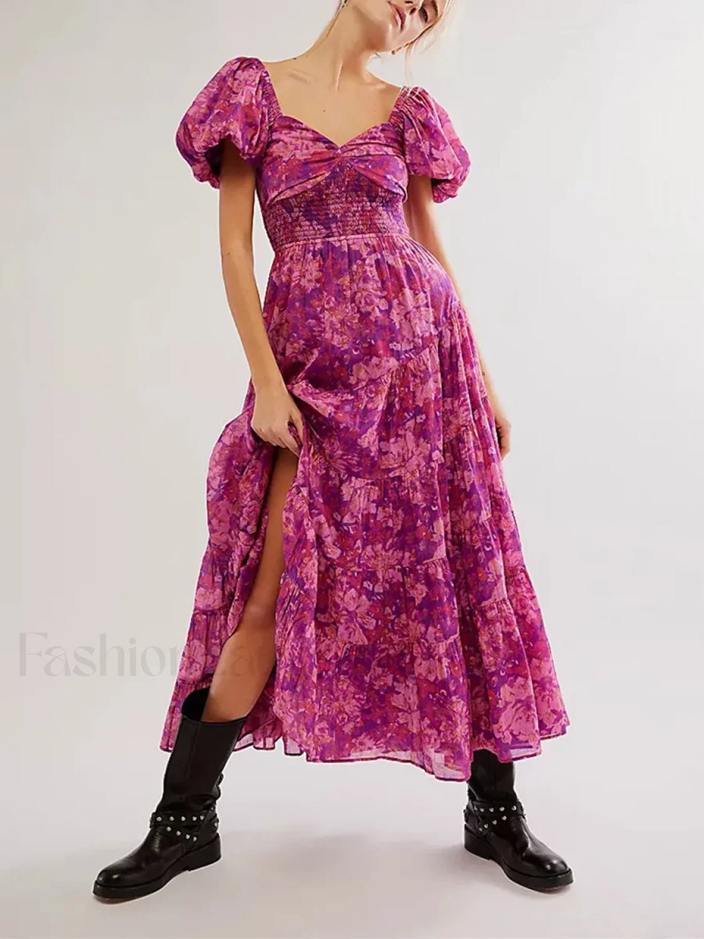 Puff Sleeve Floral Flowy Maxi Dress PURPLE / S