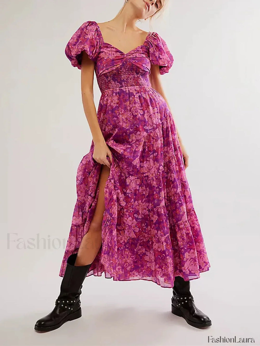Puff Sleeve Floral Flowy Maxi Dress PURPLE / S