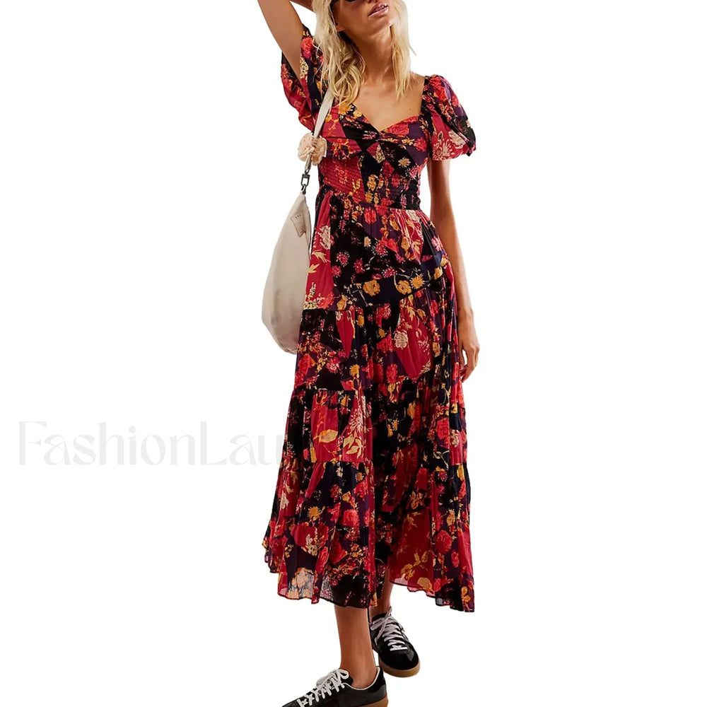 Puff Sleeve Floral Flowy Maxi Dress Red / S