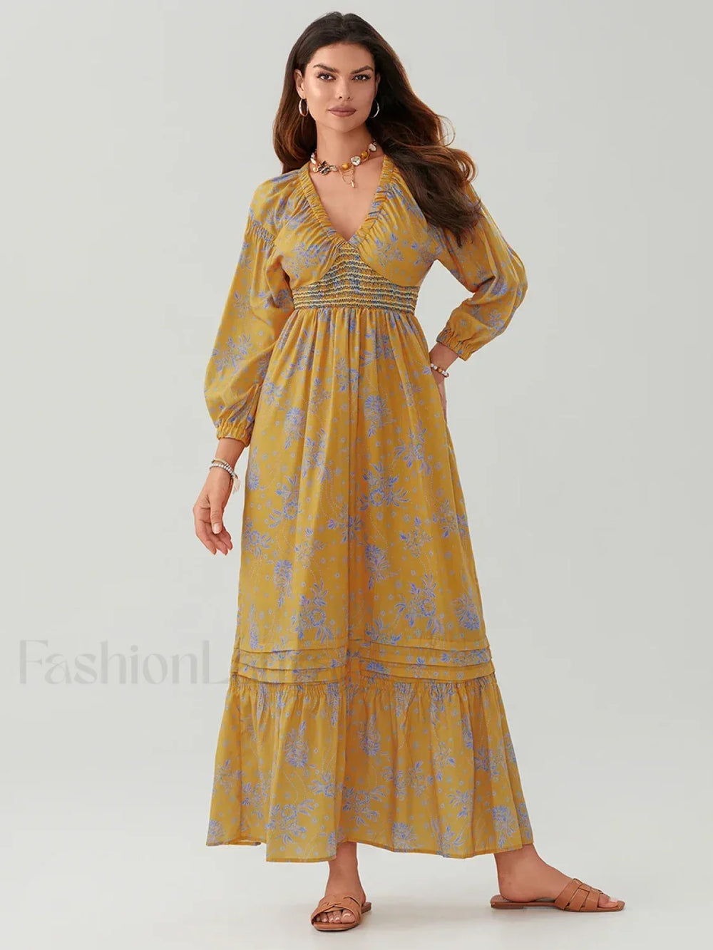 Puff Sleeve Flowy Boho Dress color1 / S