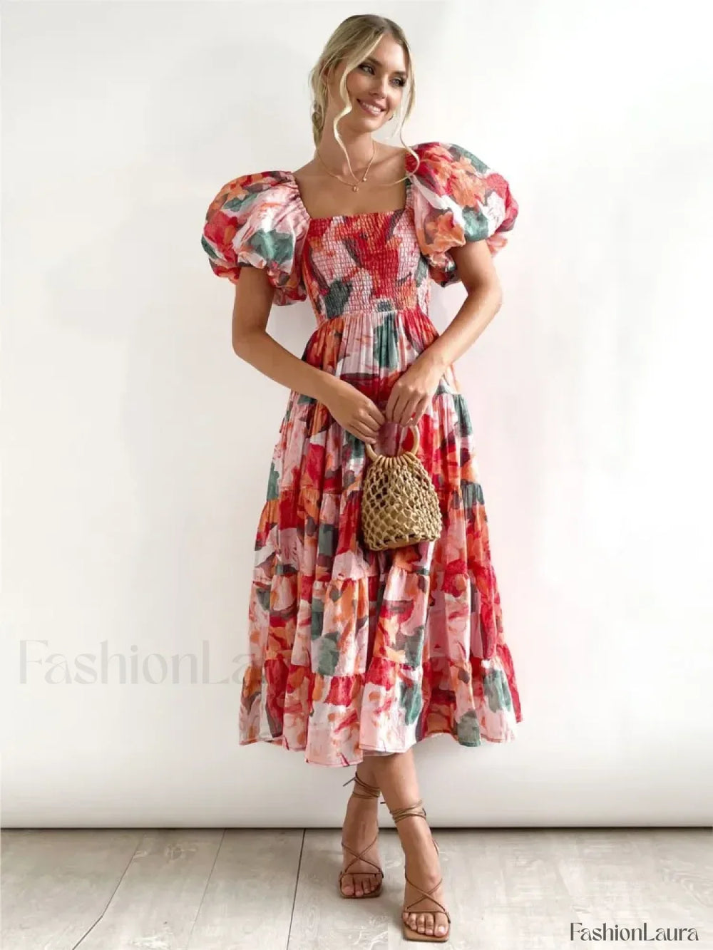 Puffy Bubble Sleeve Floral Dress