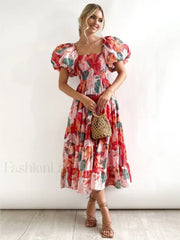 Puffy Bubble Sleeve Floral Dress
