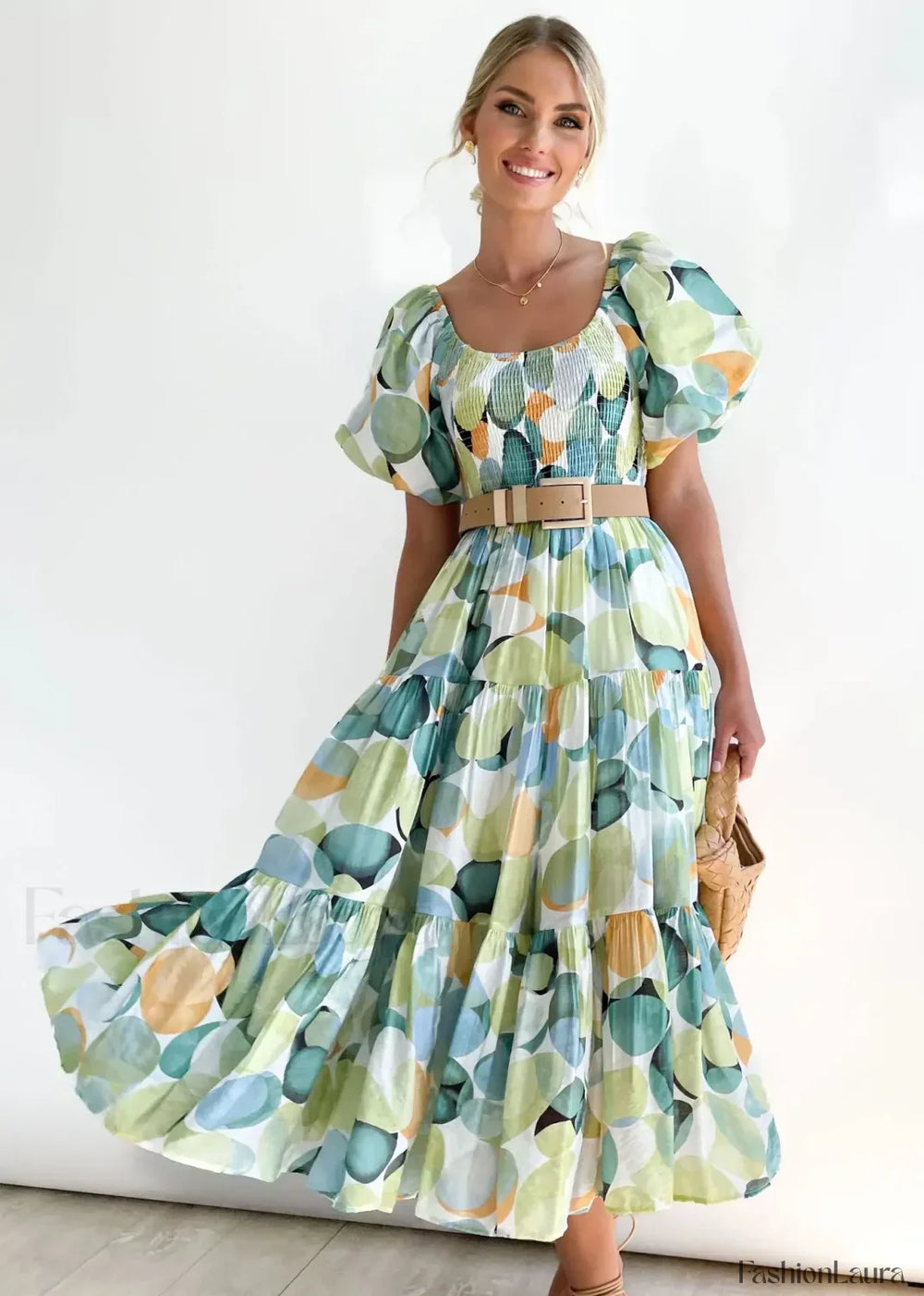 Puffy Bubble Sleeve Floral Dress Green circle / S