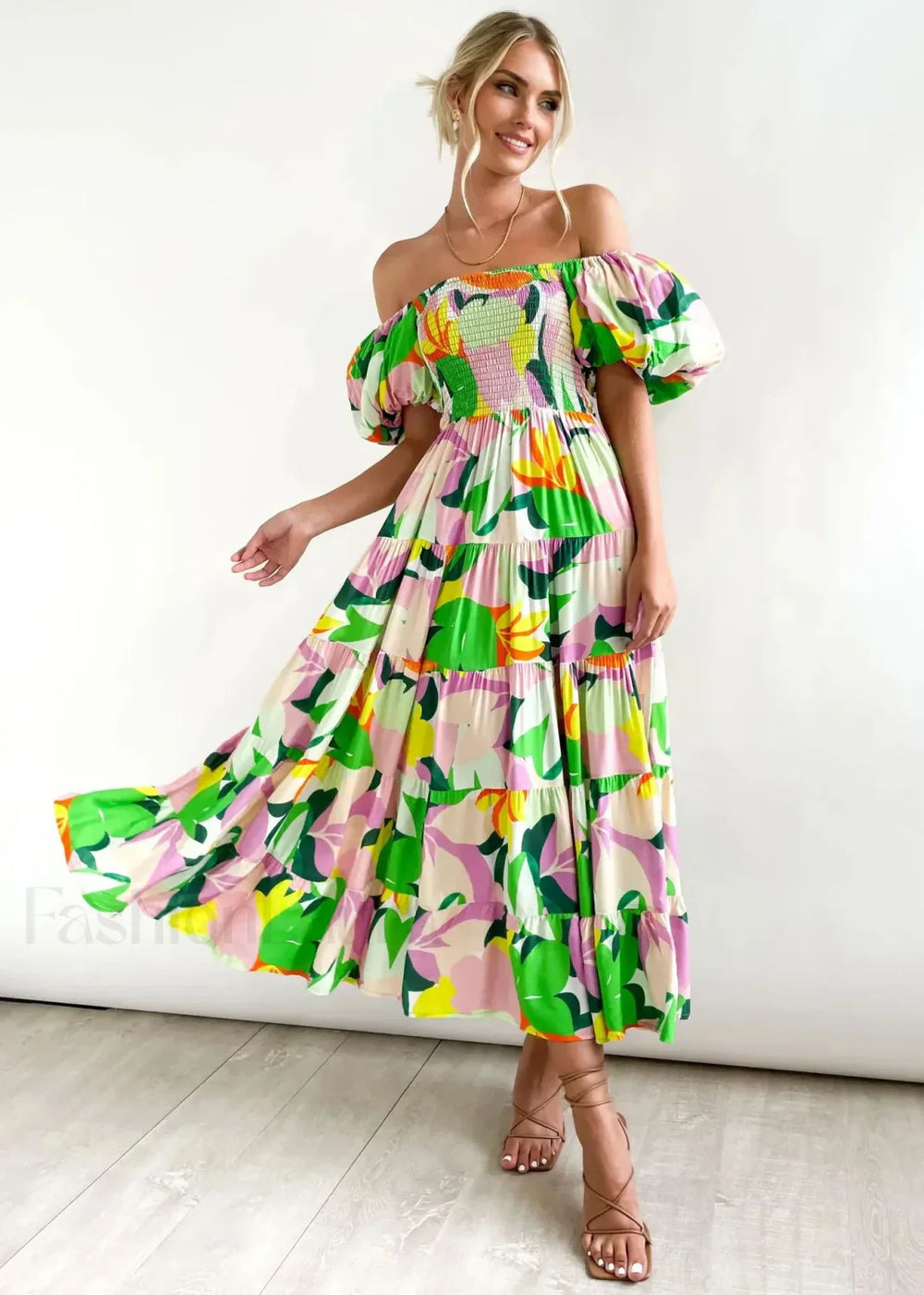 Puffy Bubble Sleeve Floral Dress Green printing / S