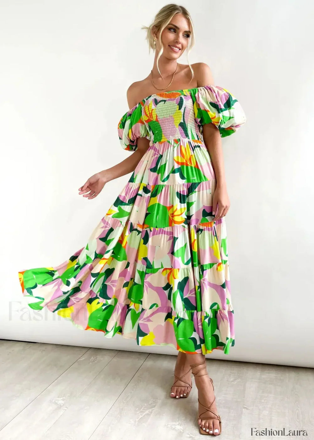 Puffy Bubble Sleeve Floral Dress Green printing / S