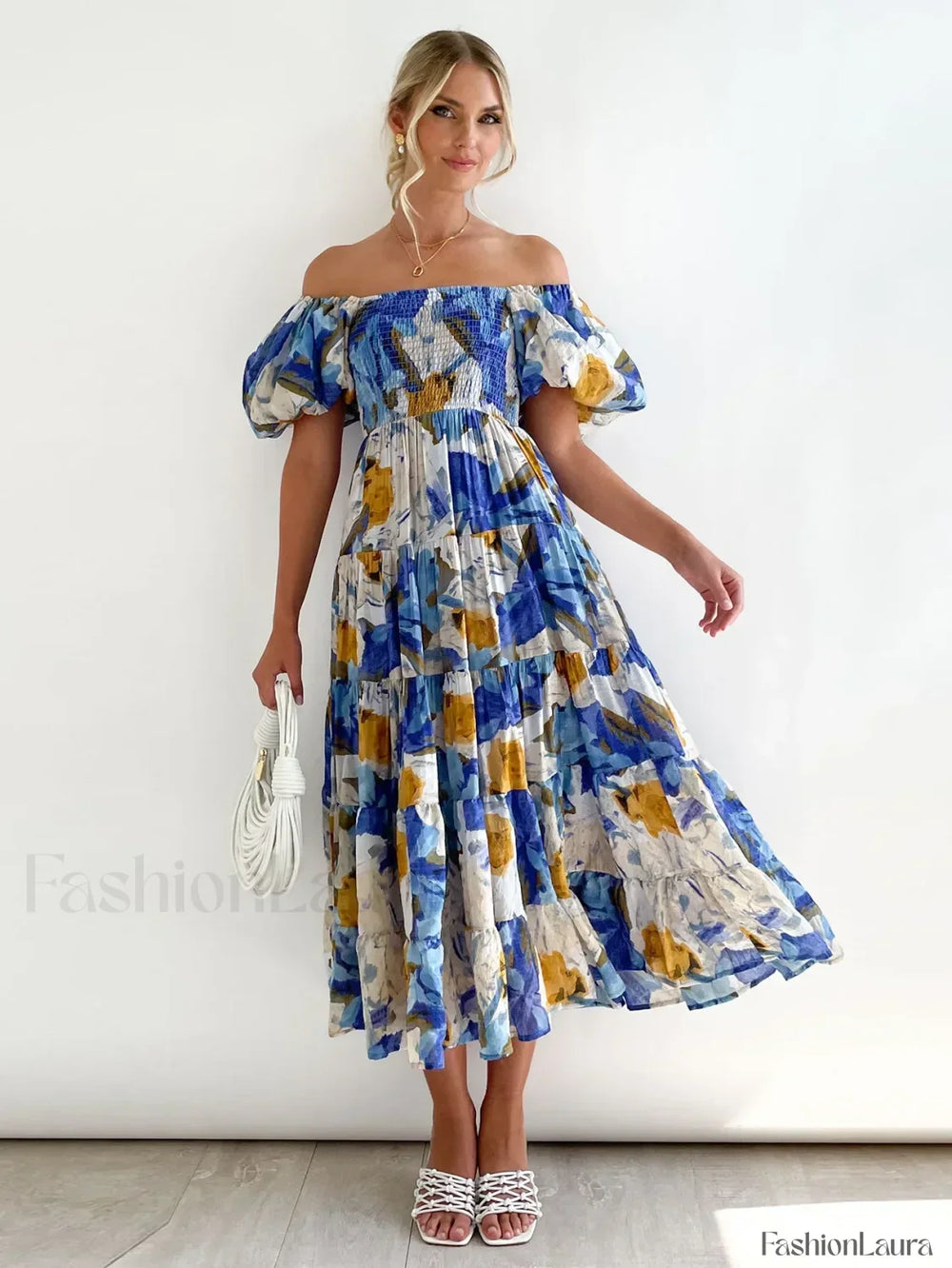 Puffy Bubble Sleeve Floral Dress Ice Blue Flower / S