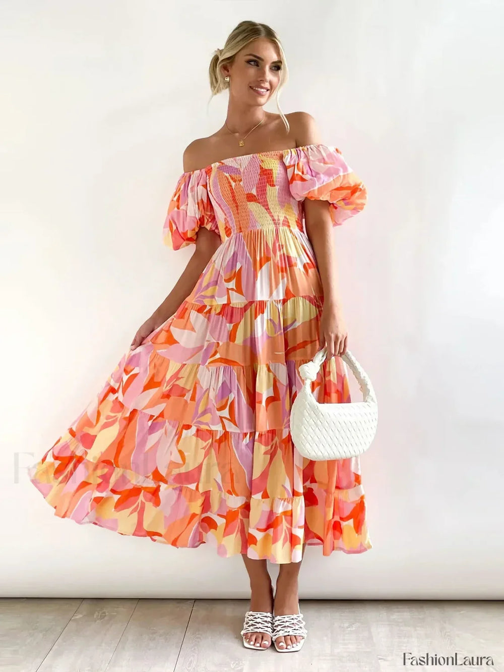 Puffy Bubble Sleeve Floral Dress Orange red print / S