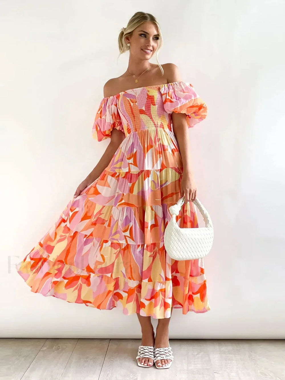 Puffy Bubble Sleeve Floral Dress Orange red print / S