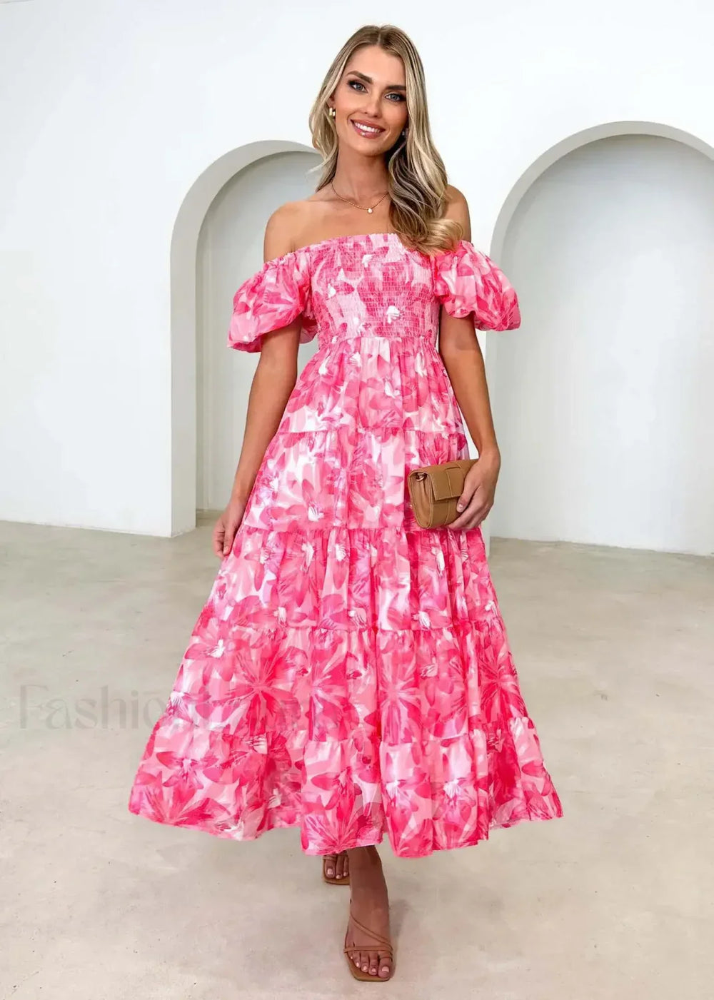 Puffy Bubble Sleeve Floral Dress Pink flowers / S
