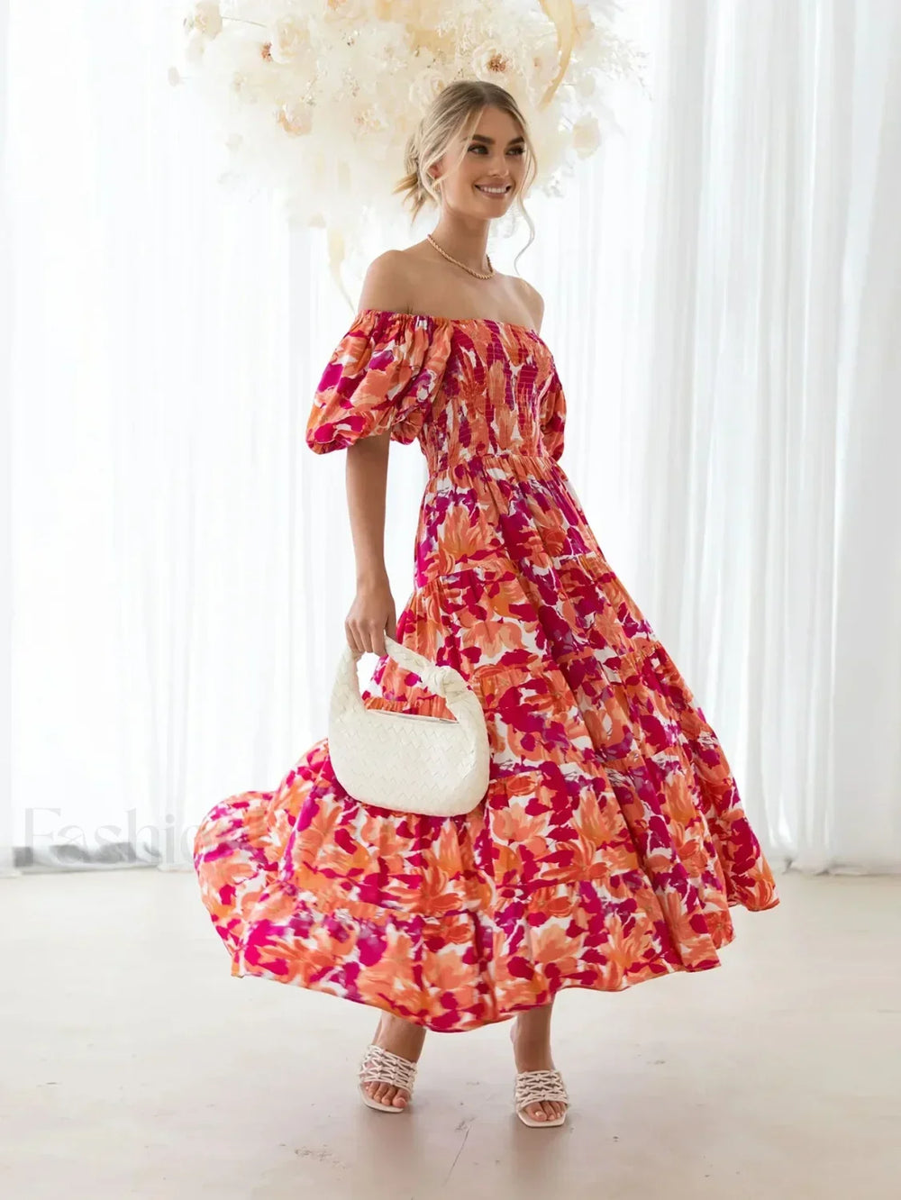 Puffy Bubble Sleeve Floral Dress Red print / S