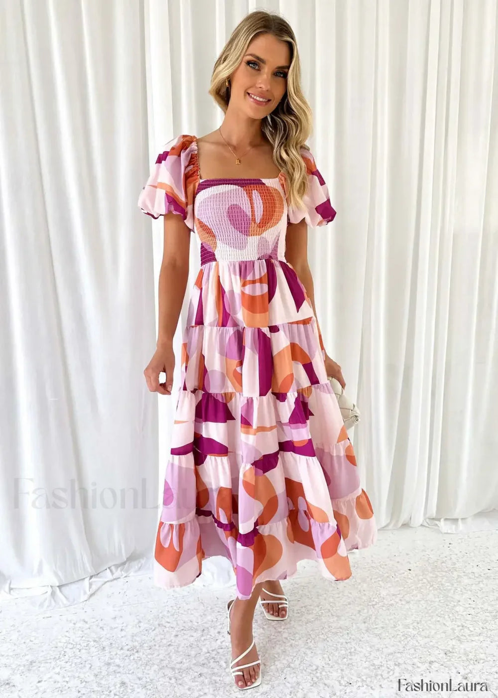 Puffy Bubble Sleeve Floral Dress White purple / S