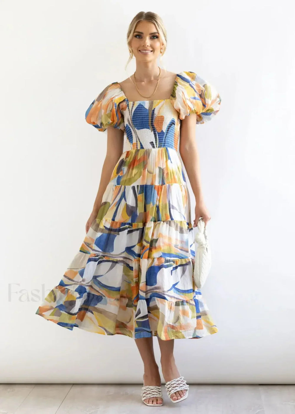Puffy Bubble Sleeve Floral Dress Yellow blue texture / S
