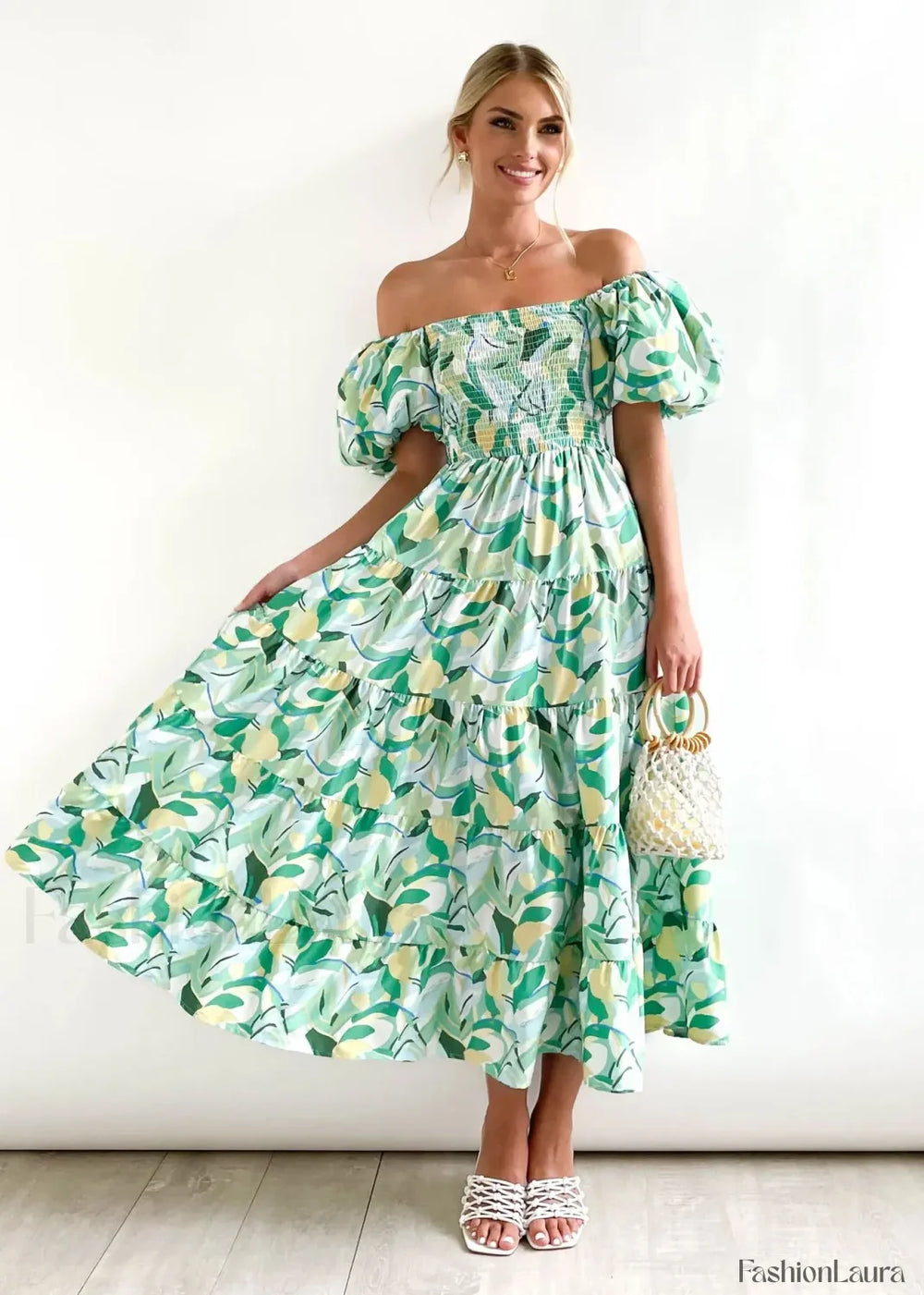 Puffy Bubble Sleeve Floral Dress Yellow green leaves / S