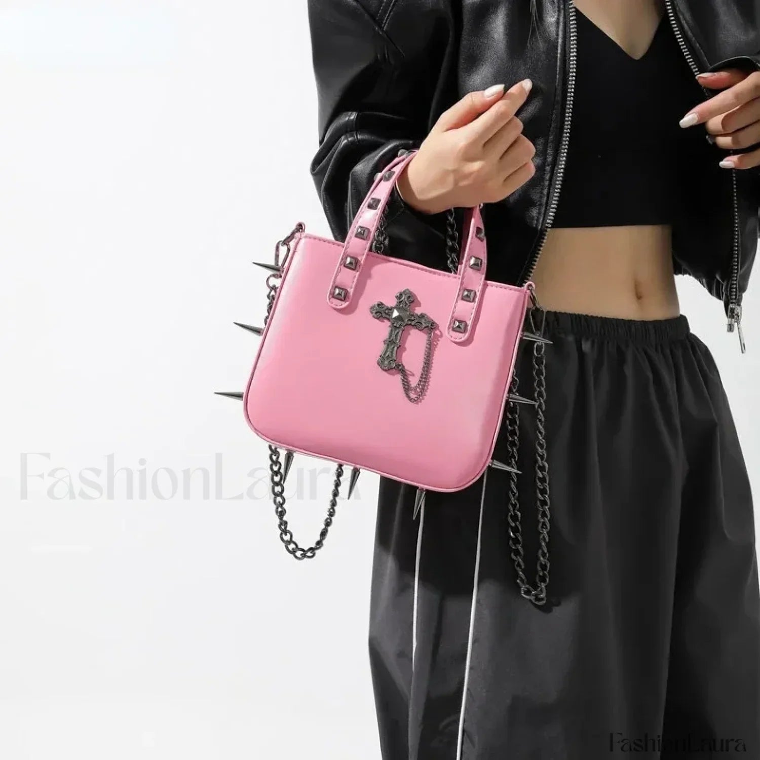 Punk Casual Y2K Crossbody Shoulder Korean Vintage Rivets Gothic Aesthetic Bag pink cross