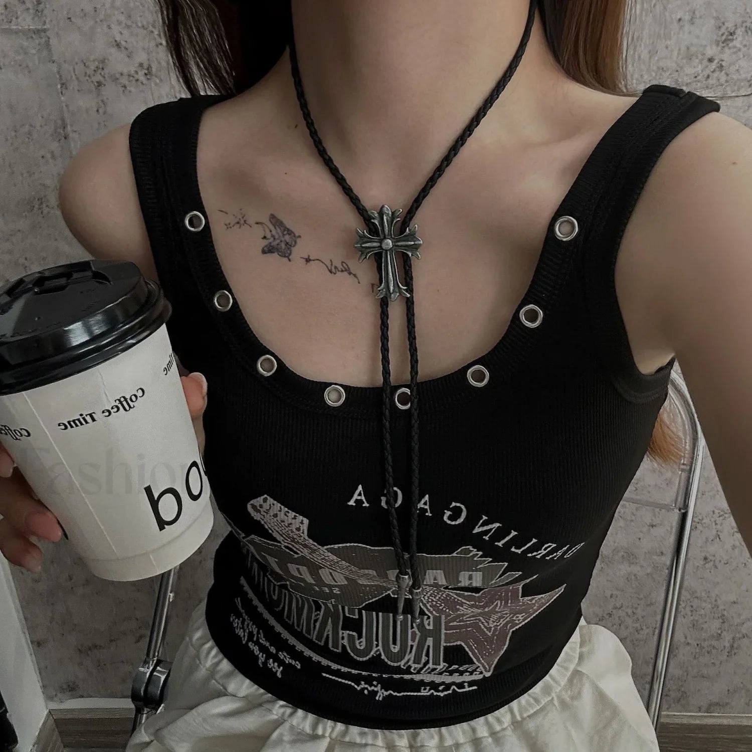 Punk Leather Black Cross Rope Woven Necklace