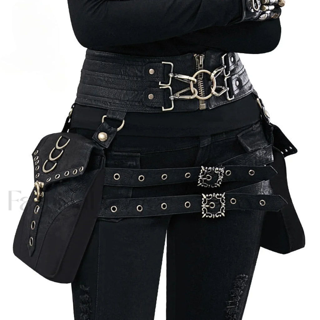 Punk Rivet Skull Retro Rock Gothic Hip Hop Rivet Thigh Waist Bag Black