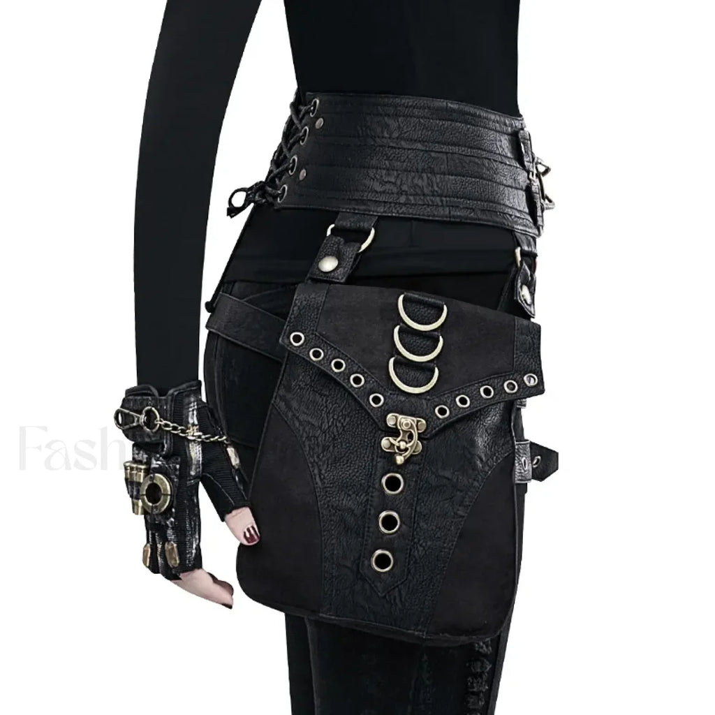 Punk Rivet Skull Retro Rock Gothic Hip Hop Rivet Thigh Waist Bag Black