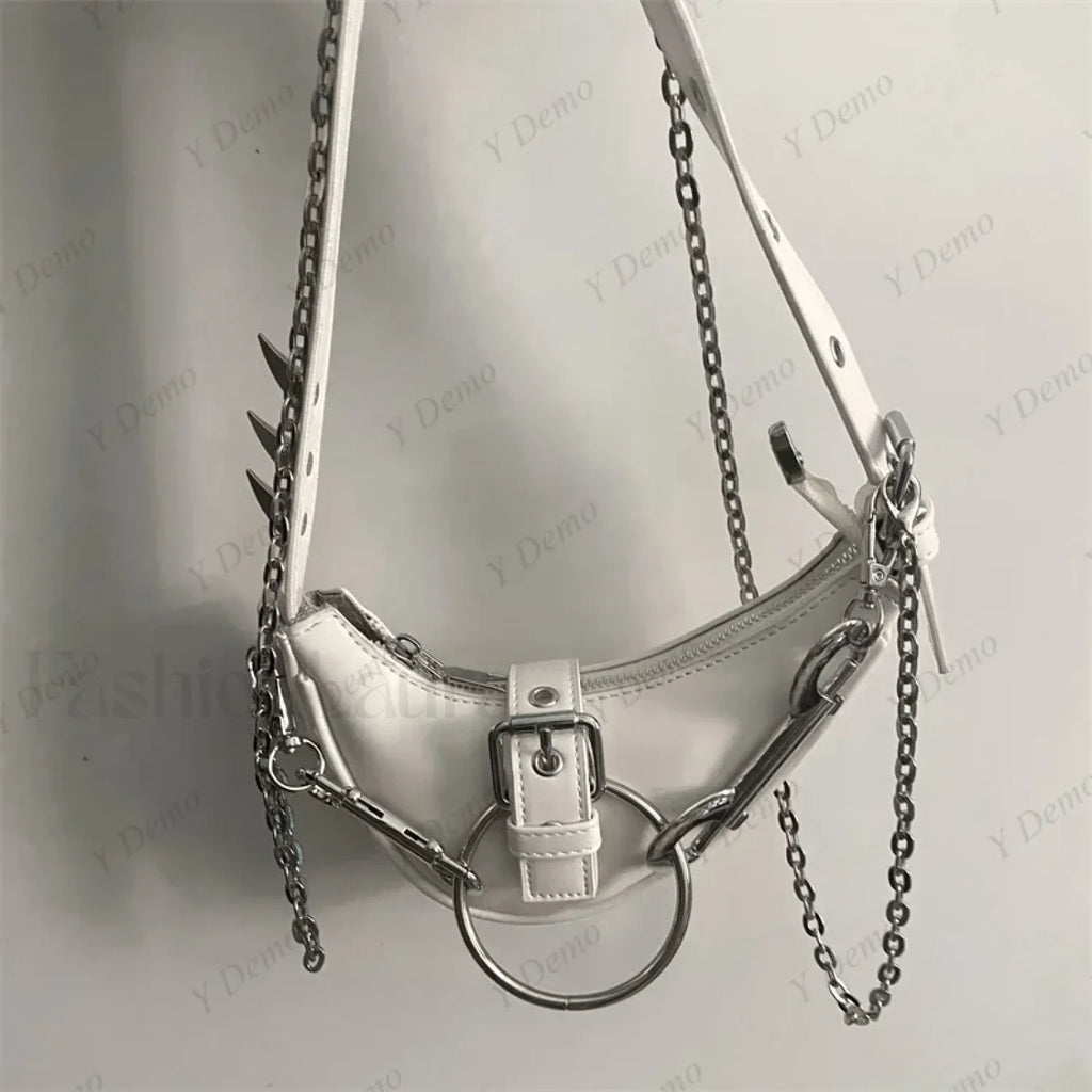 Punk Rivets Gothic Metal Buckles Sparks Crossbody Shoulder Bag White