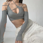 Punk Y2K Gothic Slim Fit Hollow Out Long Sleeve T shirt Crop Top Grey / S