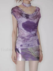 Purple Floral Acetate Hip Skirt