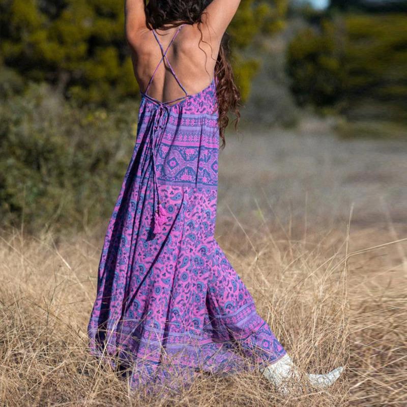 JuliaFashion - Purple Lace Up Backless Maxi Dress