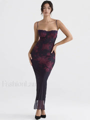 Purple Print Ruched Fishtail Maxi Dress