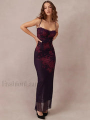 Purple Print Ruched Fishtail Maxi Dress Purple / S