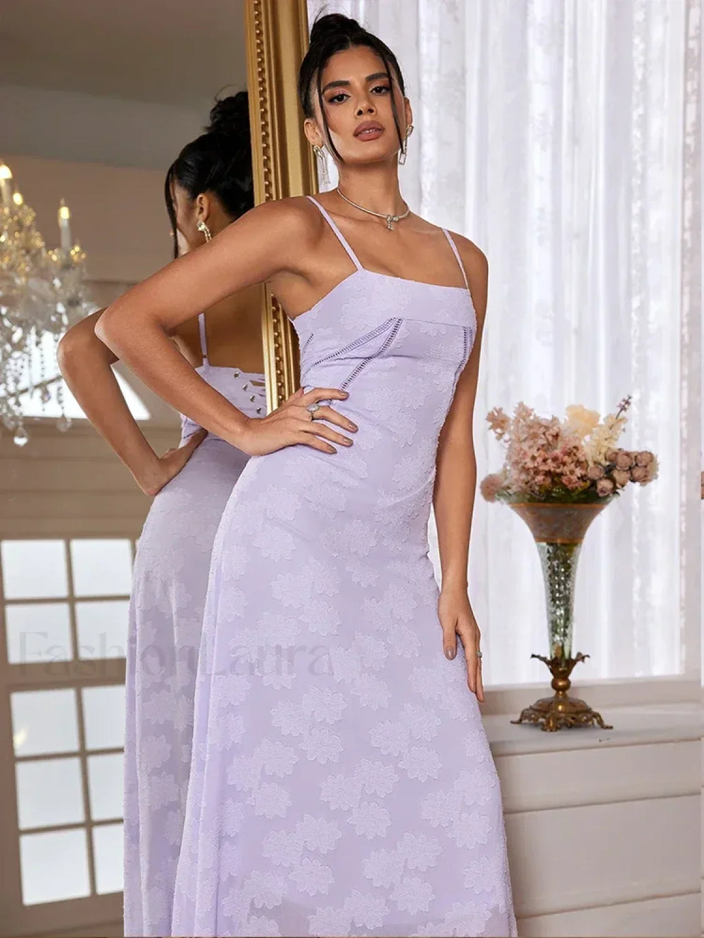 Purple Spaghetti Lace Maxi Dress